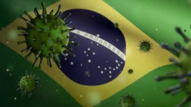 3 boyutlu Brezilya bayrağı Coronavirüs salgını ile sallanıyor ve solunum sistemini tehlikeli bir grip gibi etkiliyor. Arkaplanda ulusal Brezilya bayrağı dalgalanan Covid 19 tipi bir virüs.