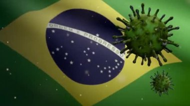 3 boyutlu Brezilya bayrağı dalgalanması ve Coronavirus 2019 nCov konsepti. Brezilya 'da dünya salgını, koronavirüs salgını, grip salgını gibi tehlikeli grip salgını vakaları. Mikroskop virüsü Covid19-Dan