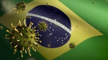 Brezilya bayrağı üzerinde 3 boyutlu grip koronavirüsü, patojen solunum yollarına saldırıyor. Brezilya pankartı Covid19 virüs enfeksiyonu konseptiyle sallanıyor. Kumaş dokusu Asteğmen Dan