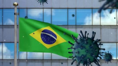 Modern gökdelen şehrinde Brezilya bayrağı üzerinde 3 boyutlu grip Coronavirüsü. Güzel, uzun kule ve Brezilya afişi Covid19 virüs enfeksiyonu salgınıyla sallanıyor.