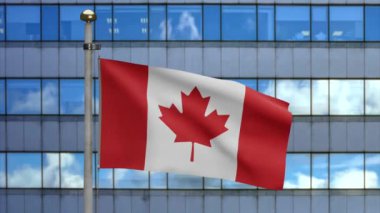 Modern bir gökdelen şehri dalgalandıran 3 boyutlu Kanada bayrağı. Güzel, uzun bir kule, Kanada bayrağı, yumuşak ipek. Kumaş kumaş dokusu, Asteğmen. Ulusal gün ve ülke kavramı - Dan