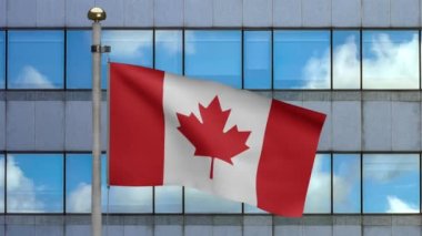 Modern bir gökdelen şehri dalgalandıran 3 boyutlu Kanada bayrağı. Güzel, uzun bir kule, Kanada bayrağı, yumuşak ipek. Kumaş kumaş dokusu, Asteğmen. Ulusal gün ve ülke kavramı - Dan