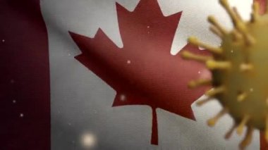 3 boyutlu Kanada bayrağı Coronavirüs salgını ile sallanıyor ve solunum sistemini tehlikeli grip olarak etkiliyor. Enfluenza Covid 19 virüsü ulusal Kanada pankartı arka planda uçuşuyor.