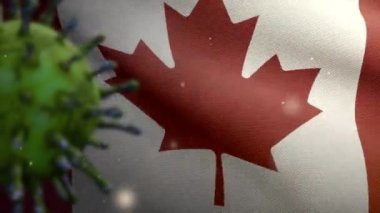 3D illüstrasyon Kanada bayrağı dalgalanması ve Coronavirus 2019 nCov konsepti. Kanada 'da Asya salgını, koronavirüs gribi salgını, salgın gibi grip salgını. Mikroskop virüsü Covid 19-Dan