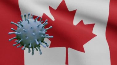 Kanada bayrağı üzerinde 3 boyutlu grip koronavirüsü, patojen solunum yollarına saldırıyor. Kanada pankartı Covid19 virüs enfeksiyonu konseptiyle sallanıyor. Gerçek kumaş dokusuna yakın çekim Teğmen Dan