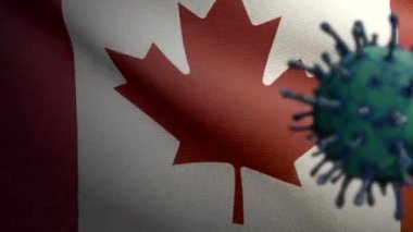 3D illüstrasyon Kanada bayrağı dalgalanması ve Coronavirus 2019 nCov konsepti. Kanada 'da Asya salgını, koronavirüs gribi salgını, salgın gibi grip salgını. Mikroskop virüsü Covid 19-Dan