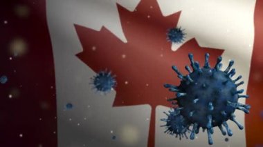 Kanada bayrağı üzerinde 3 boyutlu grip koronavirüsü, patojen solunum yollarına saldırıyor. Kanada pankartı Covid19 virüs enfeksiyonu konseptiyle sallanıyor. Gerçek kumaş dokusuna yakın çekim Teğmen Dan
