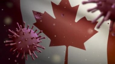 3 boyutlu Kanada bayrağı Coronavirüs salgını ile sallanıyor ve solunum sistemini tehlikeli grip olarak etkiliyor. Enfluenza Covid 19 virüsü ulusal Kanada pankartı arka planda uçuşuyor.