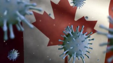 3D illüstrasyon Kanada bayrağı dalgalanması ve Coronavirus 2019 nCov konsepti. Kanada 'da Asya salgını, koronavirüs gribi salgını, salgın gibi grip salgını. Mikroskop virüsü Covid 19-Dan