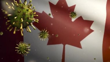 3D illüstrasyon Kanada bayrağı dalgalanması ve Coronavirus 2019 nCov konsepti. Kanada 'da Asya salgını, koronavirüs gribi salgını, salgın gibi grip salgını. Mikroskop virüsü Covid 19-Dan