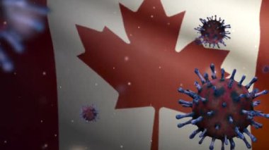Kanada bayrağı üzerinde 3 boyutlu grip koronavirüsü, patojen solunum yollarına saldırıyor. Kanada pankartı Covid19 virüs enfeksiyonu konseptiyle sallanıyor. Gerçek kumaş dokusuna yakın çekim Teğmen Dan