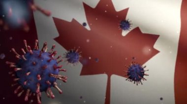 3 boyutlu Kanada bayrağı Coronavirüs salgını ile sallanıyor ve solunum sistemini tehlikeli grip olarak etkiliyor. Enfluenza Covid 19 virüsü ulusal Kanada pankartı arka planda uçuşuyor.