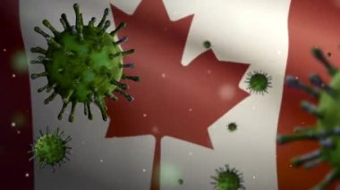 3 boyutlu Kanada bayrağı Coronavirüs salgını ile sallanıyor ve solunum sistemini tehlikeli grip olarak etkiliyor. Enfluenza Covid 19 virüsü ulusal Kanada pankartı arka planda uçuşuyor.