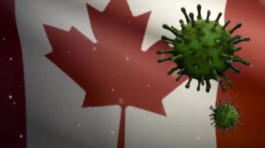 3D illüstrasyon Kanada bayrağı dalgalanması ve Coronavirus 2019 nCov konsepti. Kanada 'da Asya salgını, koronavirüs gribi salgını, salgın gibi grip salgını. Mikroskop virüsü Covid 19-Dan
