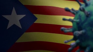 3D illüstrasyon Katalonya bağımsız bayrak sallama ve Coronavirus 2019 nCov kavramı. Katalan Estelada 'da Asya salgını, koronavirüs salgını, salgın gibi tehlikeli grip salgını vakaları. Covid 19-Dan