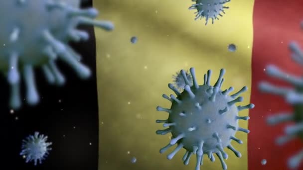 Illustration Influensa Coronavirus Över Belgisk Flagga Patogen Attacker Luftvägarna Belgien — Stockvideo