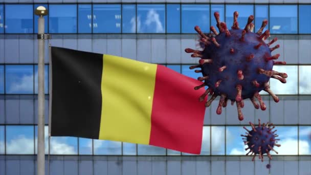 Modern Gökdelen Şehrinde Belçika Bayrağı Üzerinde Boyutlu Grip Koronavirüsü Güzel — Stok video