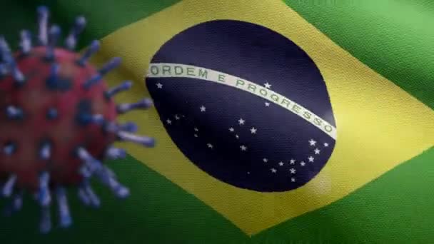 在巴西国旗上方的流感冠状病毒 病原体攻击呼吸道 3D图例 巴西横幅招摇过市的Covid19病毒感染概念 织物纹理标志 — 图库视频影像