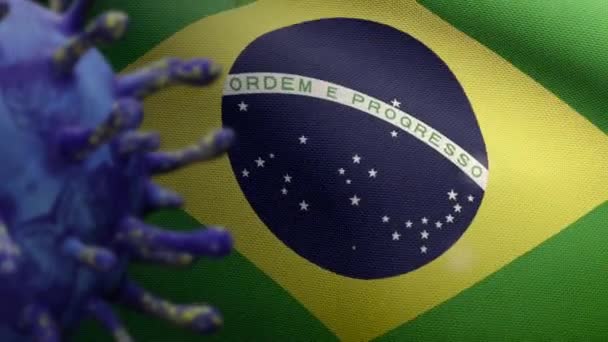 3Dイラスト危険なインフルエンザとして呼吸器系に感染するコロナウイルスの発生で手を振るブラジルの旗 インフルエンザタイプCovid 19ウイルス ブラジル国旗が背景に吹くダン — ストック動画