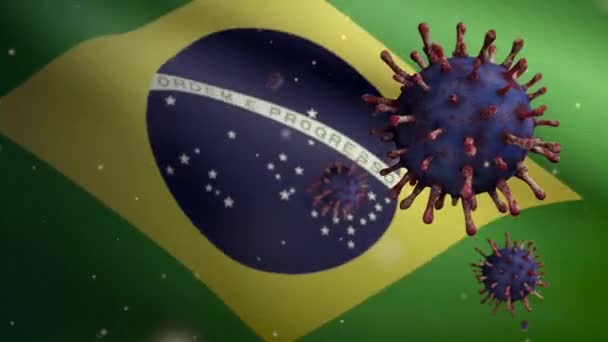 3Dイラストブラジルの旗手とコロナウイルス2019 Nconvコンセプト ブラジルでの世界的な流行 コロナウイルスは パンデミックとして危険なインフルエンザ菌株の場合としてインフルエンザを使用します 顕微鏡ウイルス Covid19 Dan — ストック動画