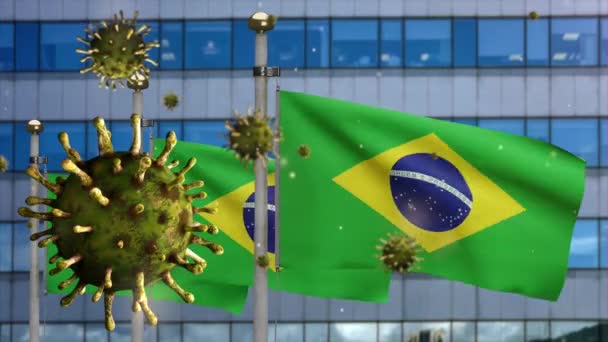 Illustration Coronavirus Grippe Sur Drapeau Brésilien Sur Ville Moderne Gratte — Video