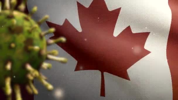 Ilustración Bandera Canadiense Ondeando Con Brote Coronavirus Infectando Sistema Respiratorio — Vídeo de stock