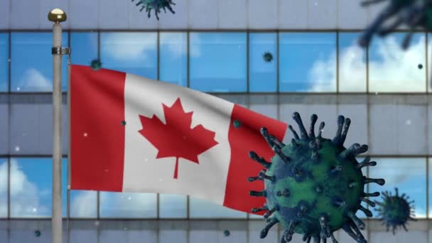 Ilustración Bandera Canadiense Ondeando Ciudad Moderna Rascacielos Con Brote Coronavirus — Vídeos de Stock