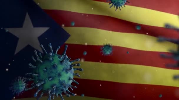 Illustratie Coronavirus Zweven Catalonië Onafhankelijke Vlag Pathogeen Aanvallen Luchtwegen Catalaanse — Stockvideo