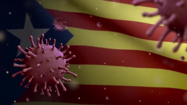 Иллюстрация Коронавируса Плавающего Над Независимым Флагом Каталонии Возбудитель Поражает Дыхательные — стоковое видео