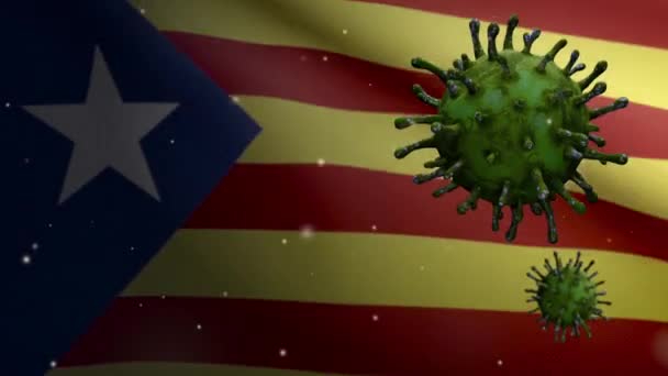 カタルーニャの独立した旗の上に浮かぶ3次元イラストコロナウイルス病原体は呼吸器系を攻撃する カタロニア語のEsteladaバナーは パンデミックコヴィド19感染症に手を振っている 生地の質感 Ensign Dan — ストック動画