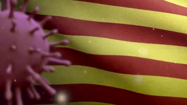 3D图为加泰罗尼亚独立旗上方漂浮的头孢病毒 病原体攻击呼吸道 加泰罗尼亚语横幅与流行病Covid19病毒感染 织物纹理标志 — 图库视频影像