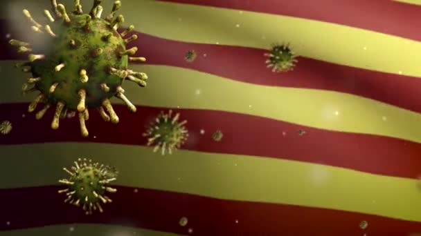 Katalonya Bağımsız Bayrağı Üzerinde Dalgalanan Boyutlu Koronavirüs Patojen Solunum Yollarına — Stok video