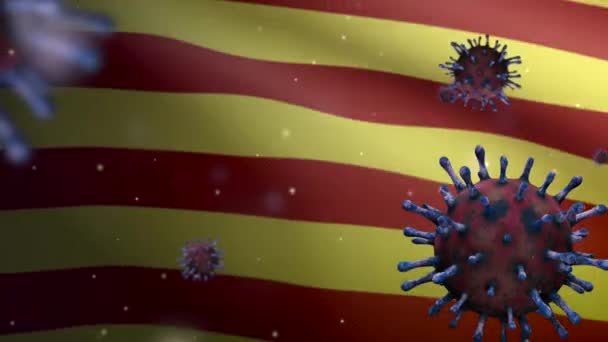 3D展示了加泰罗尼亚独立国旗飘扬和科罗纳维斯2019 Ncov概念 在加泰罗尼亚爆发的亚洲疫情中 Coronaviruses Influenza就像流感大流行一样危险 Covid Dan — 图库视频影像