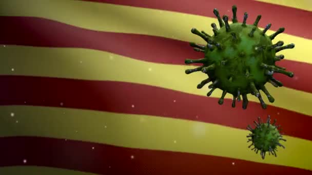 3Dイラストカタルーニャ独立フラグ手とコロナウイルス2019 Nconvコンセプト カタルーニャでのアジアの流行は 大流行として危険なインフルエンザ菌株の場合としてインフルエンザをコロナウイルス コヴィト19 — ストック動画