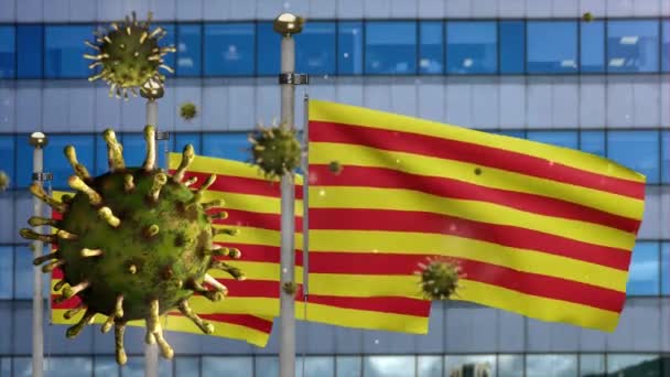 Illustratie Catalonië Onafhankelijke Vlag Zwaaien Moderne Wolkenkrabber Stad Met Coronavirus — Stockvideo