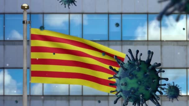 Ilustración Bandera Independiente Cataluña Ondeando Sobre Moderna Ciudad Rascacielos Con — Vídeos de Stock