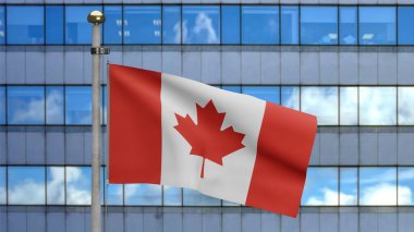 Modern bir gökdelen şehri dalgalandıran 3 boyutlu Kanada bayrağı. Güzel, uzun bir kule, Kanada bayrağı, yumuşak ipek. Kumaş kumaş dokusu, Asteğmen. Ulusal gün ve ülke konsepti