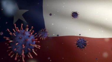 Şili bayrağı dalgalanması ve Coronavirus 2019 nCov konsepti. Şili 'deki Asya salgını, koronavirüs gribi salgını, salgın gibi grip salgını. Mikroskop virüsü Covid 19-Dan