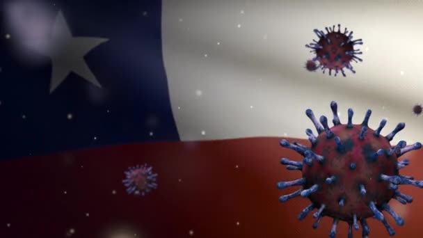 3D显示智利国旗挥动与感染呼吸系统的考龙病毒爆发为危险流感 流感病毒Covid19以智利国旗为背景 大流行病风险 — 图库视频影像
