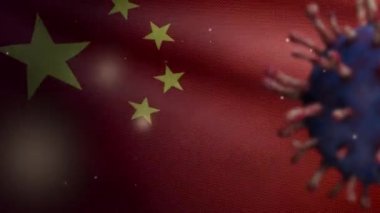 Çin bayrağı üzerinde dalgalanan 3 boyutlu grip koronavirüsü, solunum yollarına patojen saldırıları. Çin afişi Covid19 virüs enfeksiyonu salgını. Gerçek kumaş dokusu Asteğmen Dan