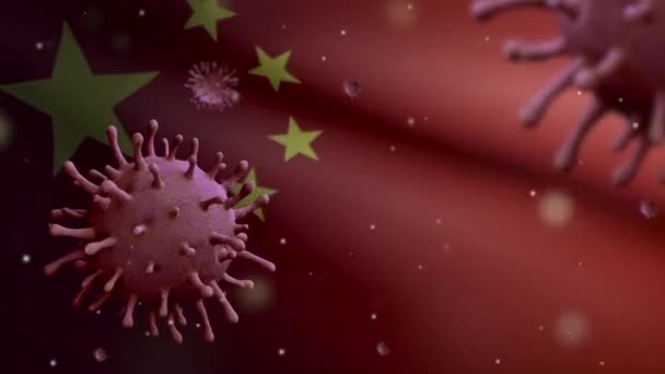 Illustration Influensa Coronavirus Svävar Över Kinesisk Flagga Patogen Attacker Luftvägarna — Stockvideo