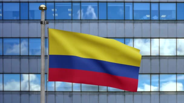 3D展示了哥伦比亚国旗在现代摩天大楼中飘扬的景象 美丽的高塔上挂满了哥伦比亚国旗 飘扬着柔软的丝绸 布料质地为背景图案 国庆国家概念 — 图库视频影像