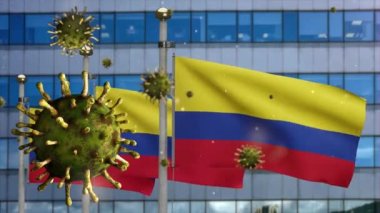 Modern gökdelen şehrinde Coronavirus salgını tehlikeli bir grip olarak dalgalanan 3 boyutlu Kolombiya bayrağı. Güzel yüksek kule ve grip Covid 19 virüsü Kolombiya bayrağı Dan