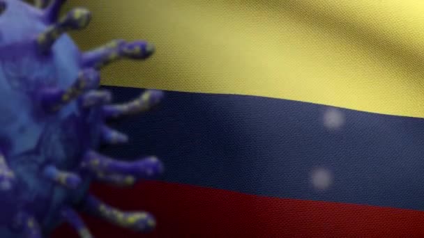 3Dイラストコロナビアの旗がコロナウイルス感染による呼吸器系への危険なインフルエンザとして振っています インフルエンザCovid 19ウイルス コロンビア国旗が背景に吹くダン — ストック動画