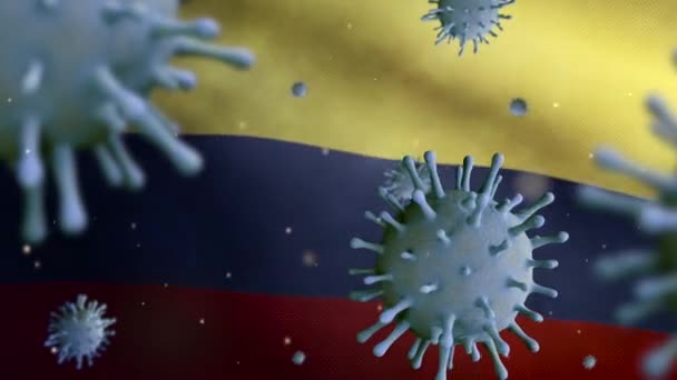 3Dイラストコロンビアの旗手とコロナウイルス2019 Nconvコンセプト コロンビアでのアジアの流行は インフルエンザをパンデミックとして危険なインフルエンザ菌株の例として使用しています 顕微鏡ウイルス Covid19 Dan — ストック動画
