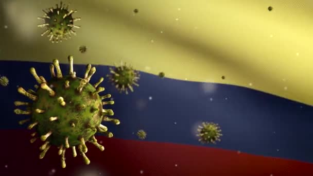 3Dイラストコロナビアの旗がコロナウイルス感染による呼吸器系への危険なインフルエンザとして振っています インフルエンザCovid 19ウイルス コロンビア国旗が背景に吹くダン — ストック動画