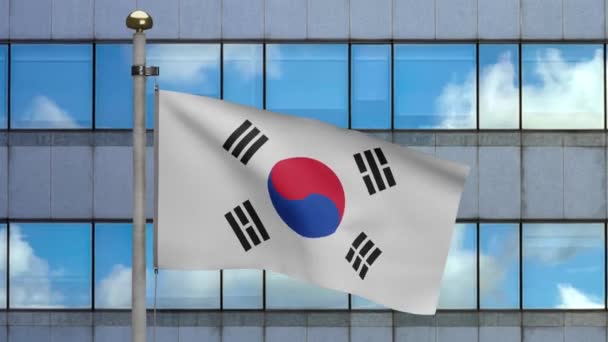 Illustratie Koreaanse Vlag Wapperen Een Moderne Wolkenkrabber Stad Mooie Hoge — Stockvideo