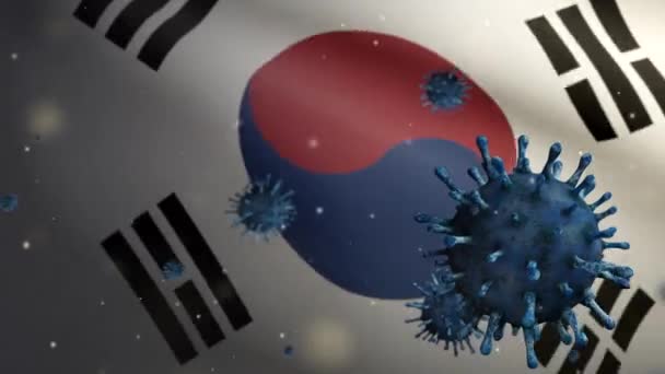 Kore Bayrağı Üzerinde Süzülen Boyutlu Grip Coronavirüsü Solunum Yoluna Saldıran — Stok video