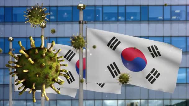 Ilustración Bandera Coreana Ondeando Moderna Ciudad Rascacielos Con Concepto Coronavirus — Vídeos de Stock