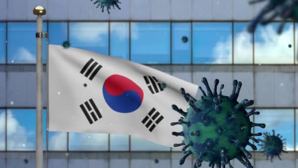 Ilustración Bandera Coreana Ondeando Moderna Ciudad Rascacielos Con Concepto Coronavirus — Vídeo de stock